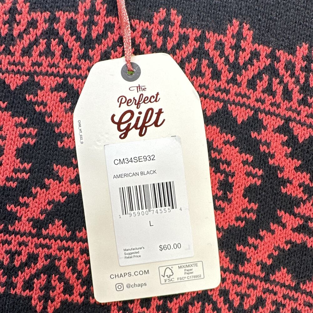 Chaps Mens L Black Red Crew Neck Fair Isle Cotton Knit Pullover Sweater Logo - Picture 3 of 13